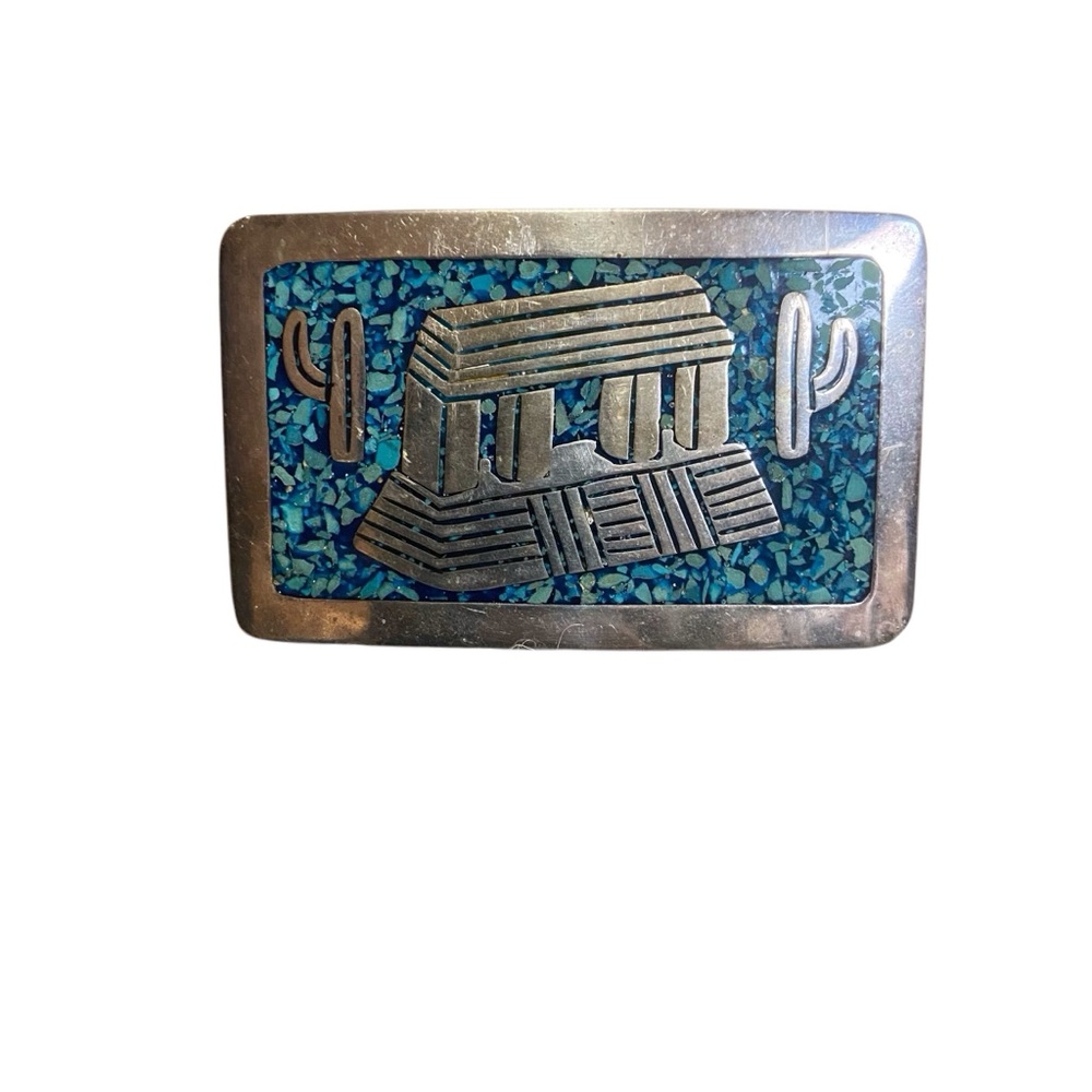 Vintage Mexican Sterling Silver Turquoise Inlay Belt Buckle - Picture 6 of 12